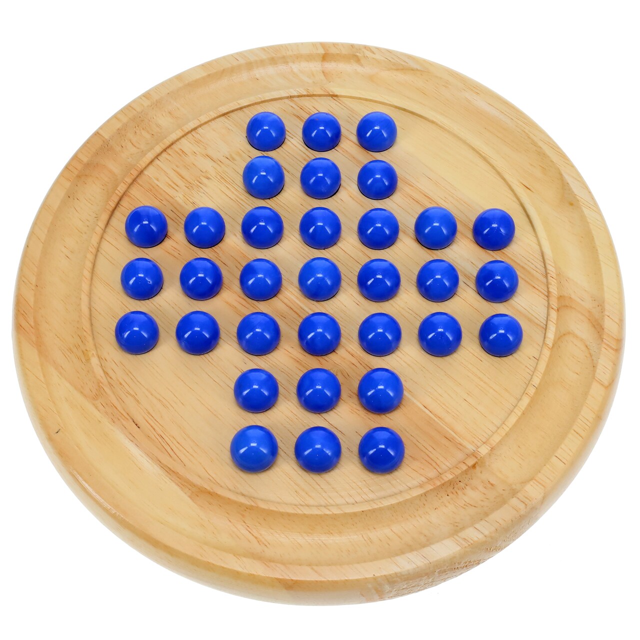WE Games Solid Wood Solitaire with Blue Glass Marbles - 9 in. Diameter